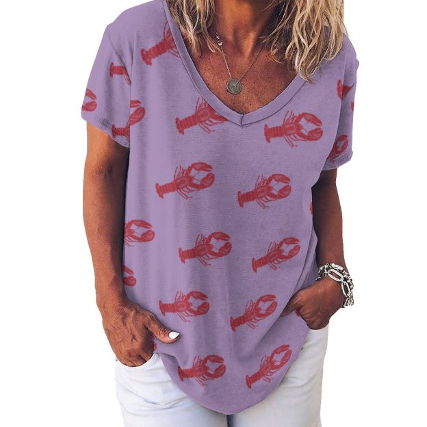 S-4XL Funny Vintage Nautical Lobster Womens Summer Casual T Shirts Boho Full Print Short Sleeve Loose Hippie Tunic Tops-Charlylifestyle