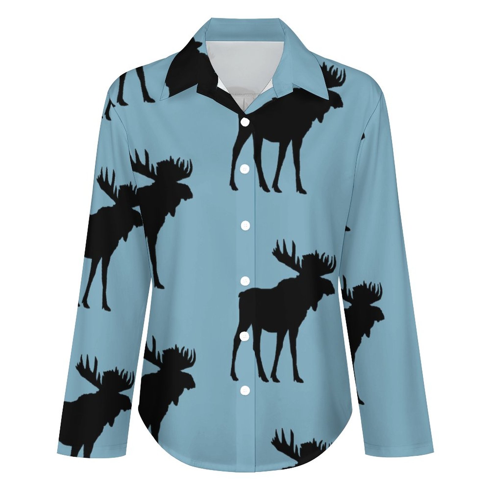 Funny Vintage Moose Silhouette Button Down V Neck Long Sleeve Blouse Shirts Roll Up Cuffed Sleeve Casual Shirt Tops