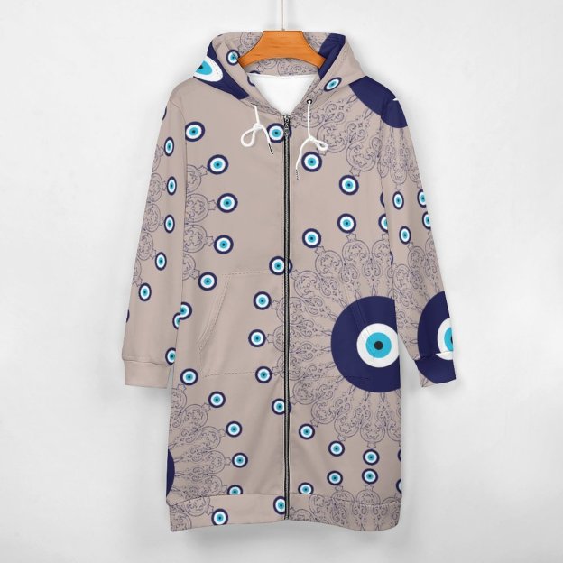 Mediterranean Blue Aqua Evil Eye Mandala Zip Up Long Hoodie Jacket Women Tunic Sweatshirt Plus Size Open Front Cardigan Outfits