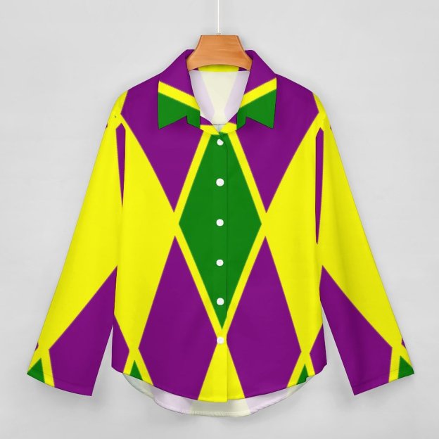 Mardi Gras Fat Tuesday Harlequin Button Down V Neck Shirts Long Sleeve Blouse Roll Up Cuffed Sleeve Casual Shirt Tops
