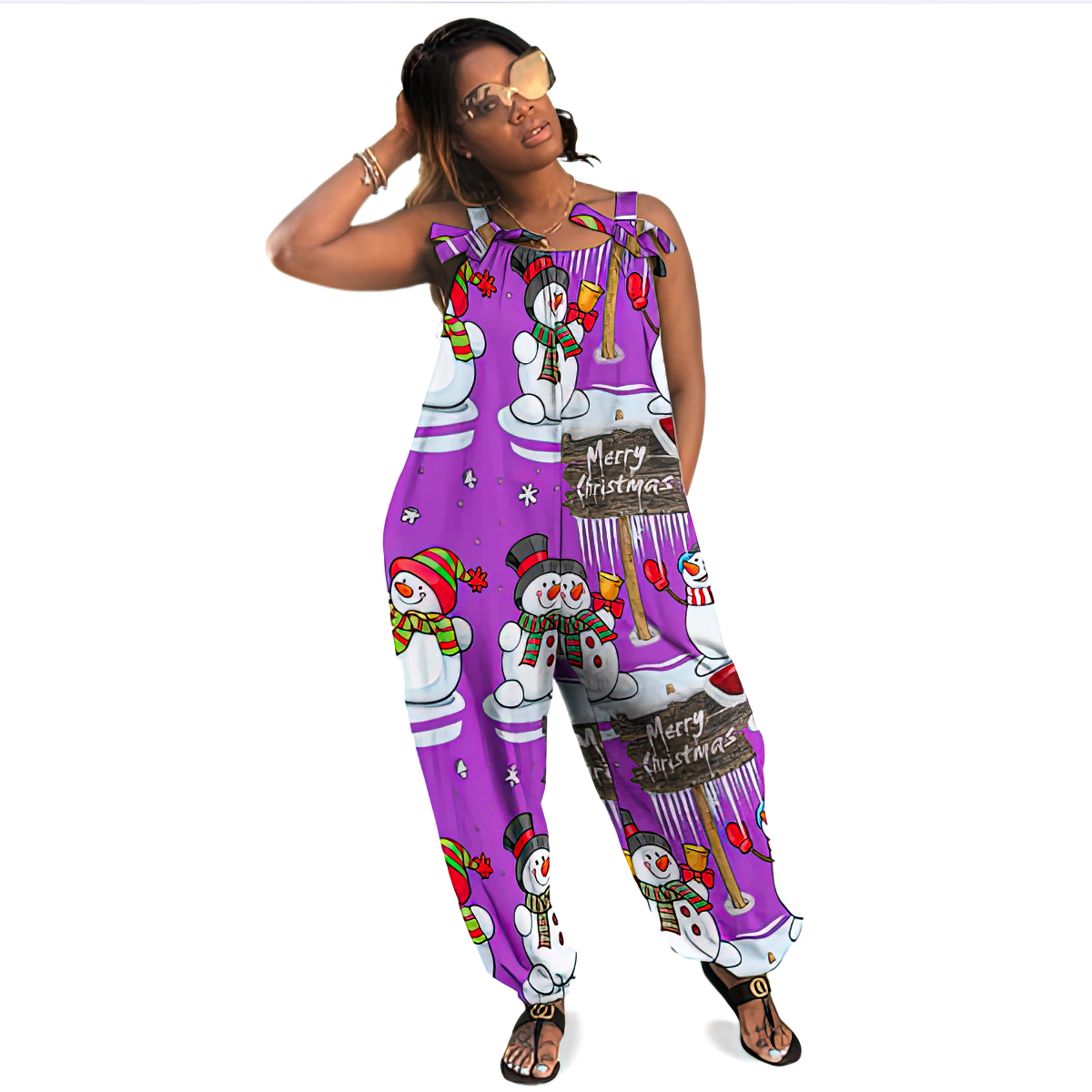 Personalized Women Merry Christmas Snowman Santa Hat Baggy Harem Overall Jumpsuit