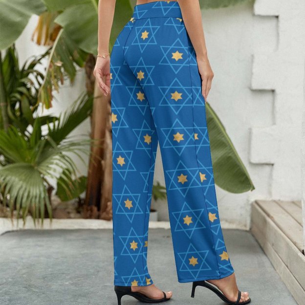 Jewish Blue And Gold Star Of David Printed Women's High Waist Wide Leg Long Palazzo Lounge Pants-Charlylifestyle