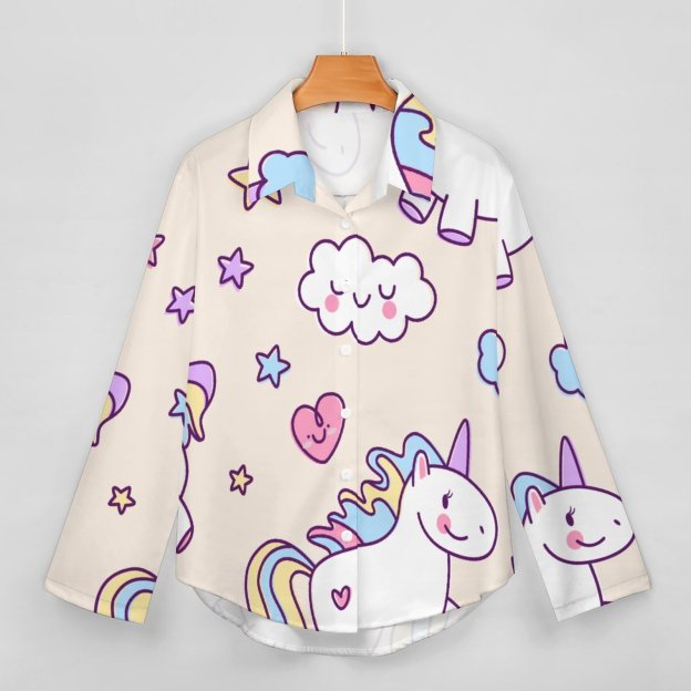 Personalized Kawaii Chubby Flying Unicorns Rainbow Button Down Shirts- Custom Unicorns Casual Shirt Blouse