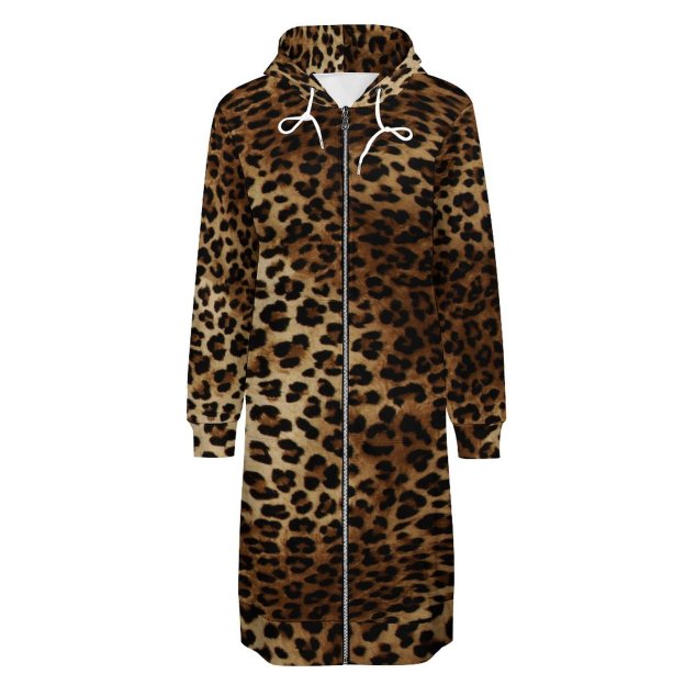 Leopard Spot Animal Print Zip Up Long Hoodie Jacket Coat Women Tunic Sweatshirt Loose Plus Size Open Front Cardigan Outfits