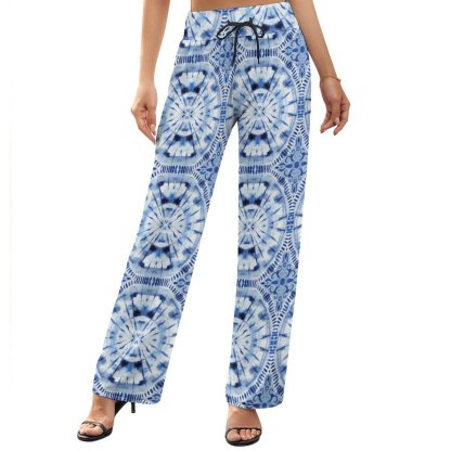 Summer Fall Indigo Blue Shibori Tie Dye Printed Women's High Waist Wide Leg Long Palazzo Lounge Pants-Charlylifestyle