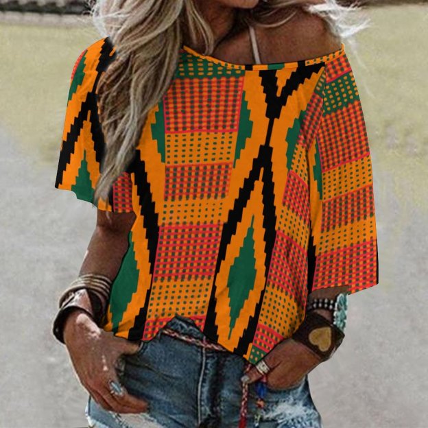 S-5XL Funny Vintage Kente 3/4 Bell Sleeve T-Shirt Elbow Length Basic Tunics Tops for Women-Charlylifestyle