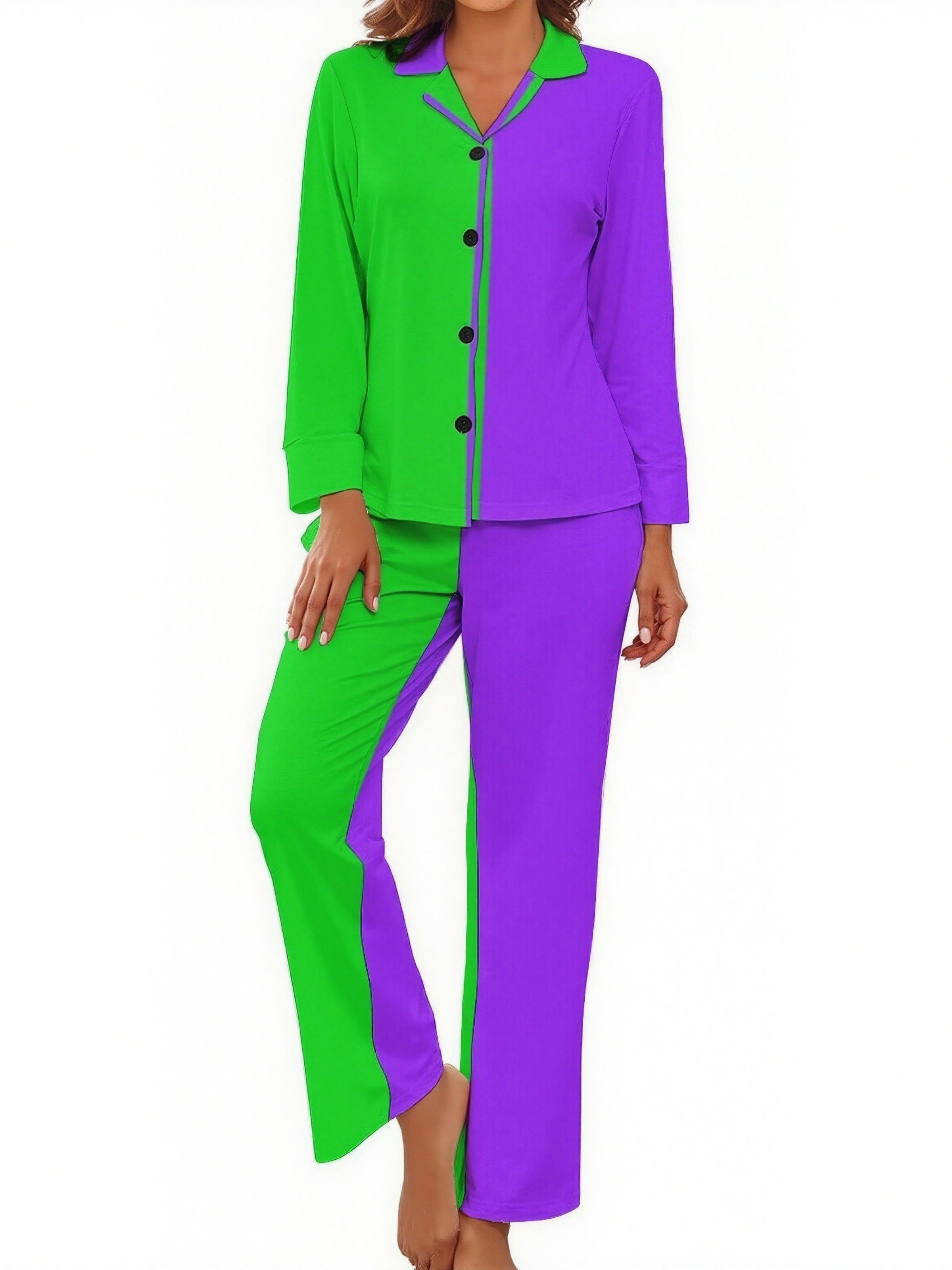 Mardi Gras Colors New Orleans Striped Women Long Sleeve Two Piece Sleepwear Soft Button Down Loungewear Pjs Set Nightwear