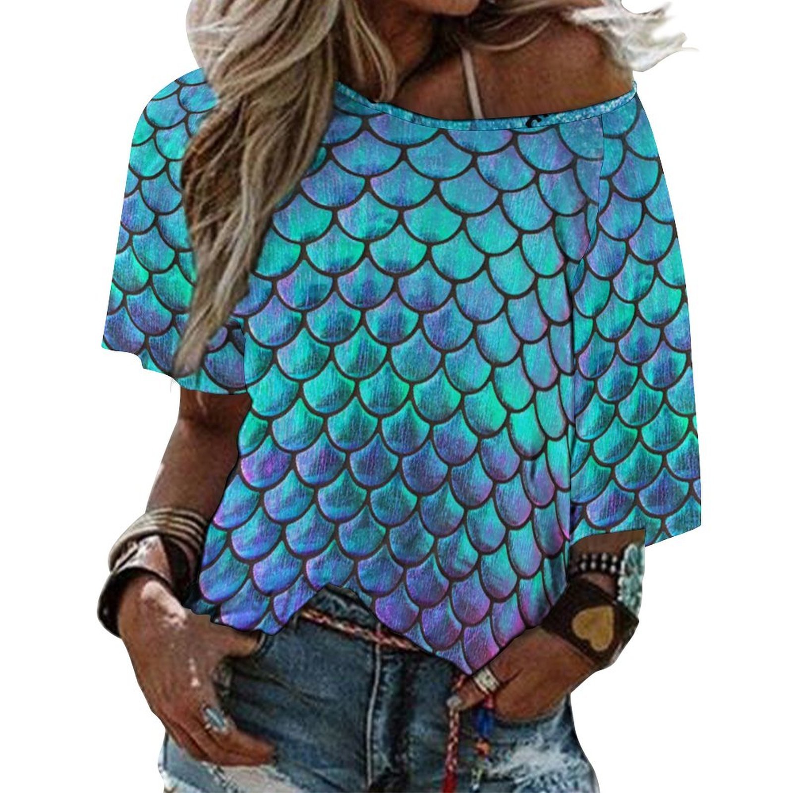 S-5XL Summer Mermaid Fish Scale 3/4 Bell Sleeve T-Shirt Elbow Length Basic hippie Tunics Tops for Women-Charlylifestyle