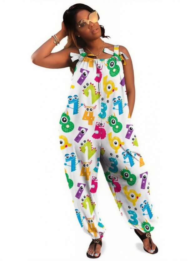 Women Monster Numbers School Teacher Math Print Loose Fit Baggy Harem Overall Jumpsuit Tie Spaghetti Strap Long Pants Rompers