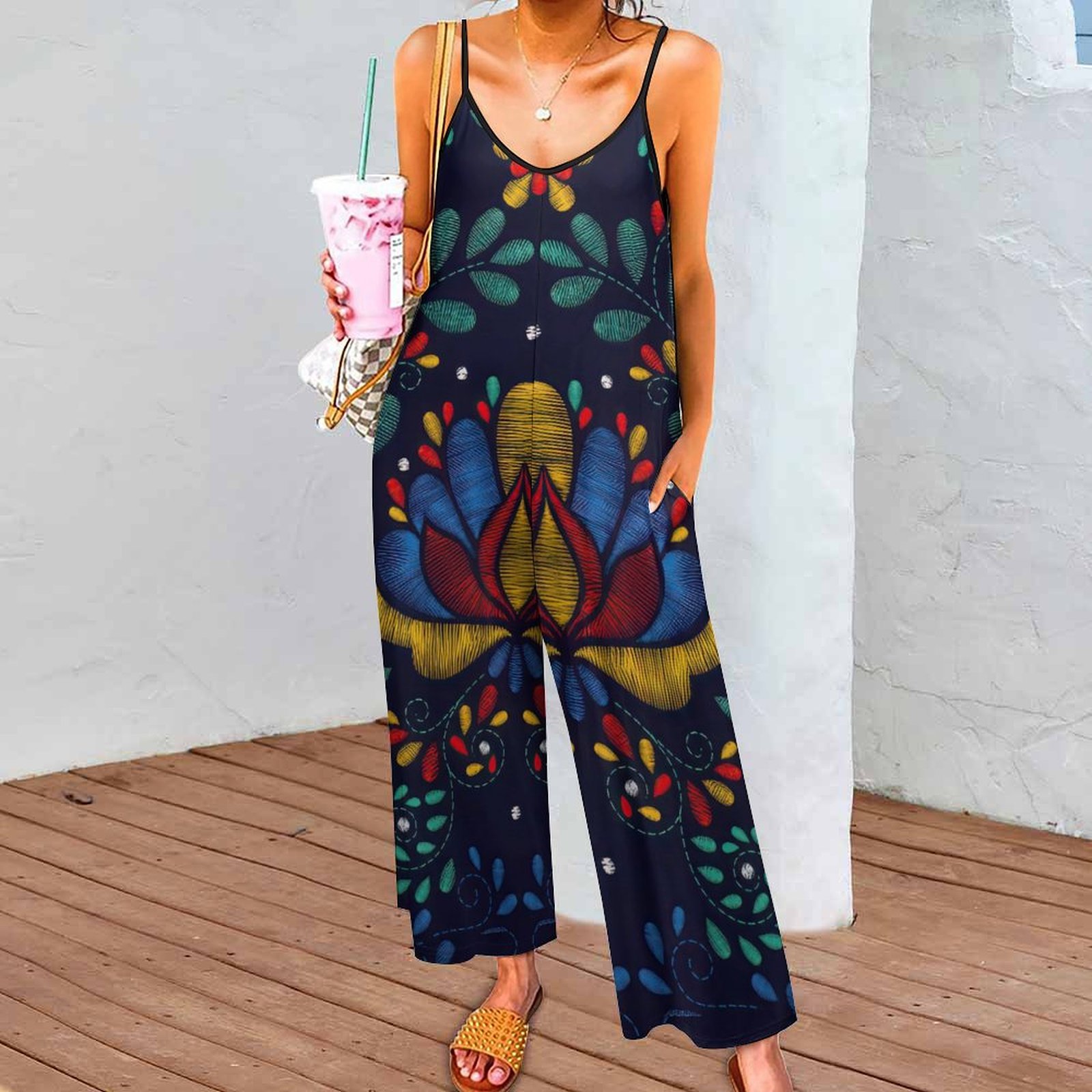 Summer Bohemia Mexican Traditional Embroidery Cami Wide Leg Jumpsuits Women Casual Shoulder Strap Adjustable Rompers Pants