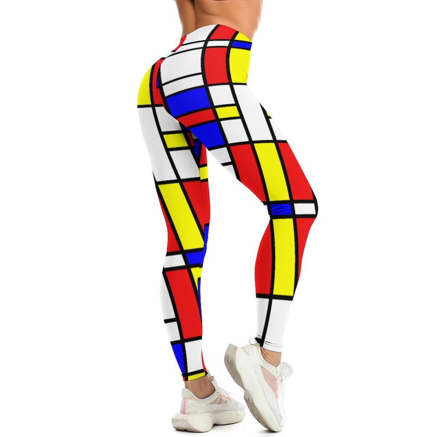 Initials Piet Mondrian Style Modern Art Printed Womens High Waist Workout Leggings Thin Fit Gym Yoga Pants