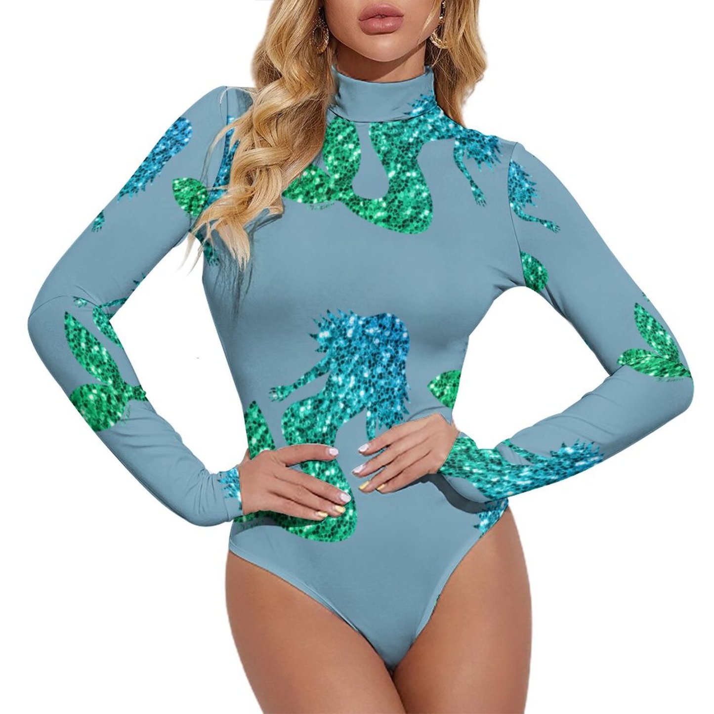 Mermaid Blue Green Ombre Sparkles Women Mock Turtle Neck Long Sleeve Tops Bodysuit Slim Fit Body Suit Basic T Shirts Jumpsuit