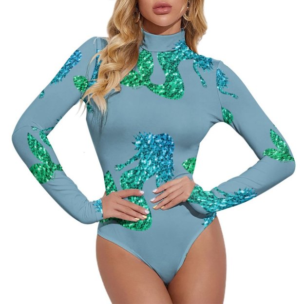 Mermaid Blue Green Ombre Sparkles Women Mock Turtle Neck Long Sleeve Tops Bodysuit Slim Fit Body Suit Basic T Shirts Jumpsuit