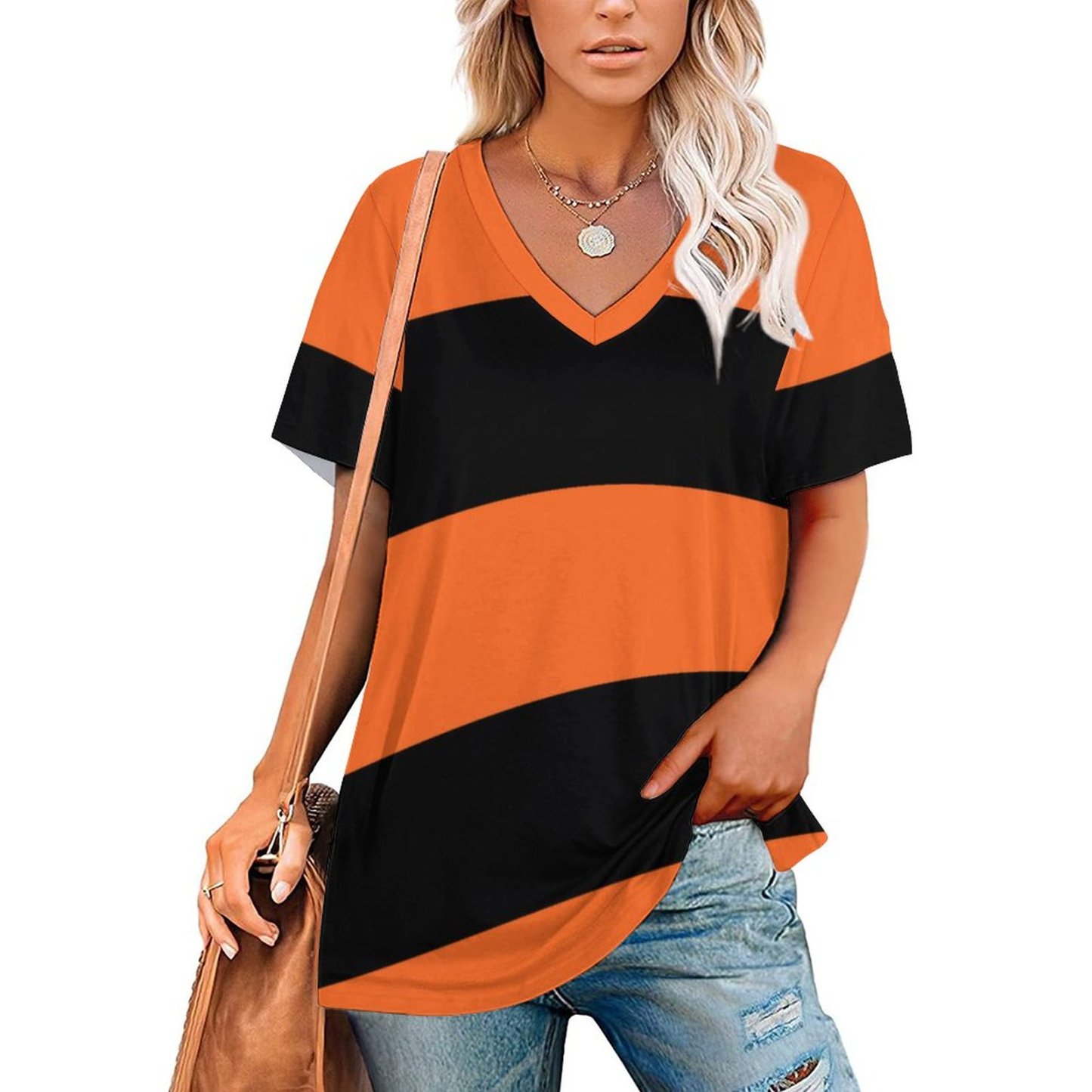 S-4XL Orange And Black Stripe Halloween Women T Shirts Basic V-Neck Tee Loose Vintage Fitting Oversize Short Sleeve Tops-Charlylifestyle