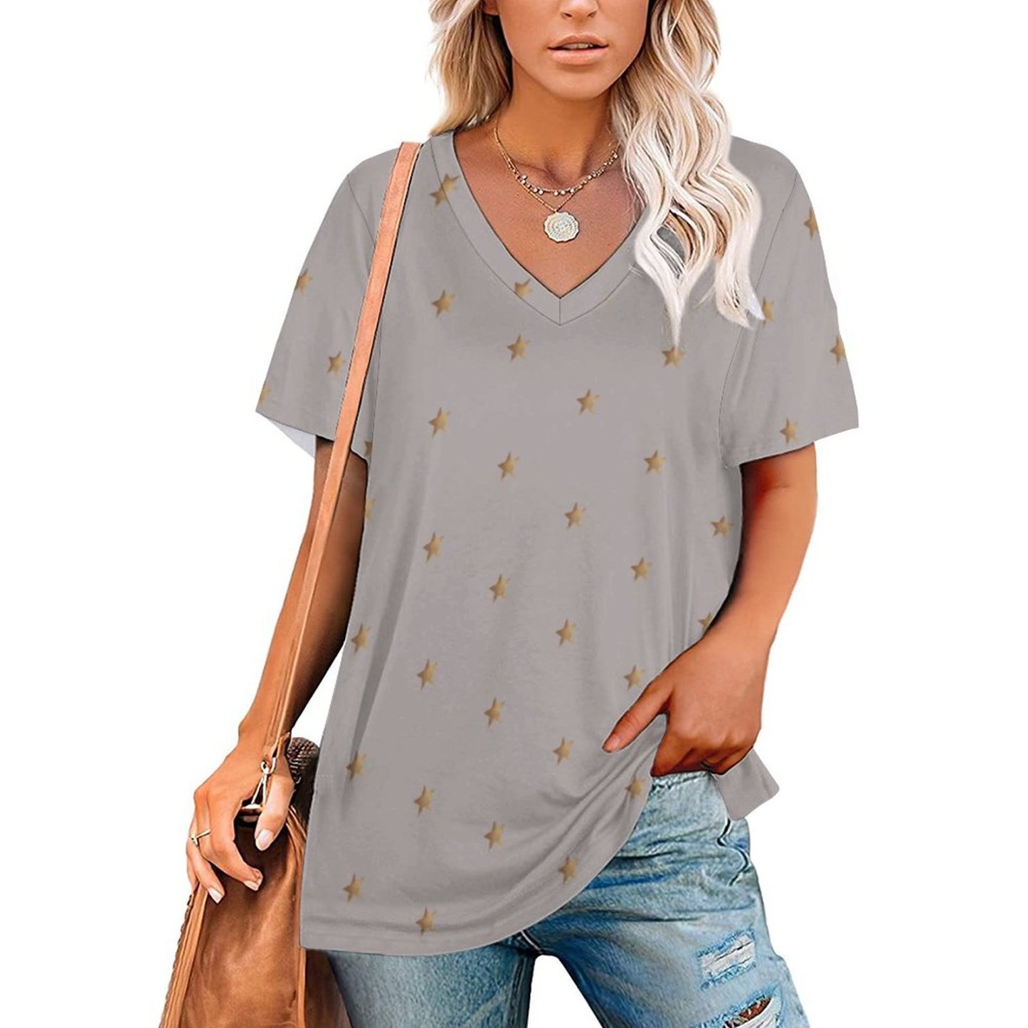 S-4XL Minimal Gold Stars Women T Shirts Basic V-Neck Tee Loose Vintage Fitting Oversize Short Sleeve Tops-Charlylifestyle