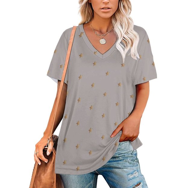 S-4XL Minimal Gold Stars Women T Shirts Basic V-Neck Tee Loose Vintage Fitting Oversize Short Sleeve Tops-Charlylifestyle