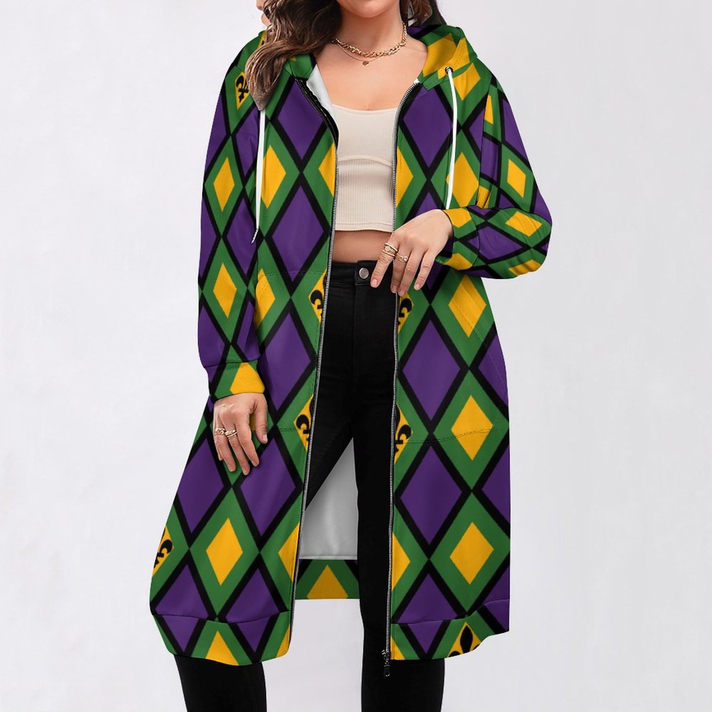 Mardi Gras Diamond Zip Up Long Hoodie Jacket Coat Women Tunic Sweatshirt Loose Plus Size Open Front Cardigan Outfits
