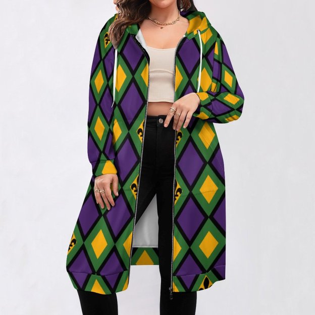 Mardi Gras Diamond Zip Up Long Hoodie Jacket Coat Women Tunic Sweatshirt Loose Plus Size Open Front Cardigan Outfits