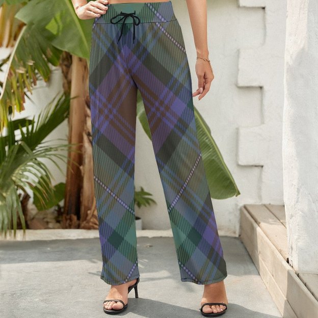 Summer Fall Isle Of Skye Tartan Plaid Argyle Green Women's High Waist Wide Leg Long Palazzo Lounge Pants-Charlylifestyle