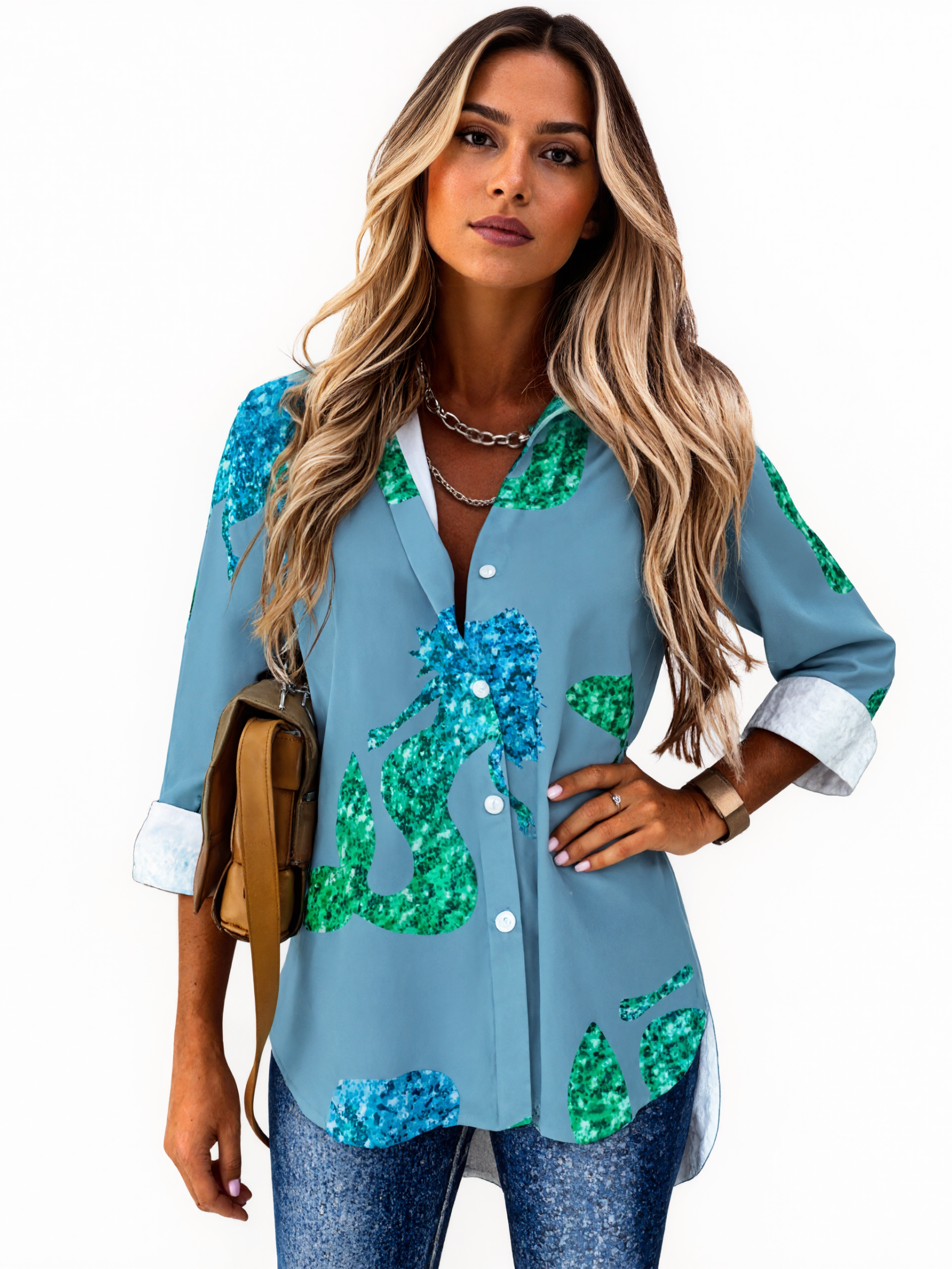 Mermaid Blue Green Ombre Sparkles Button Down V Neck Shirts Long Sleeve Blouse Roll Up Cuffed Sleeve Casual Shirt Tops