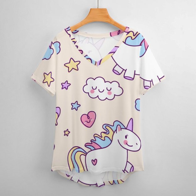 Kawaii Chubby Flying Unicorns Rainbow Womens Summer Full Print Short Sleeve Loose Hippie Tunic Tops - Personalized Unicorns T-shirt