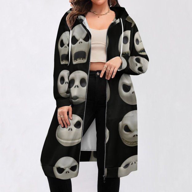 Many Faces Of Jack Skellington Zip Up Long Hoodie Jacket Coat Women Tunic Sweatshirt Plus Size Open Front Cardigan Outfits