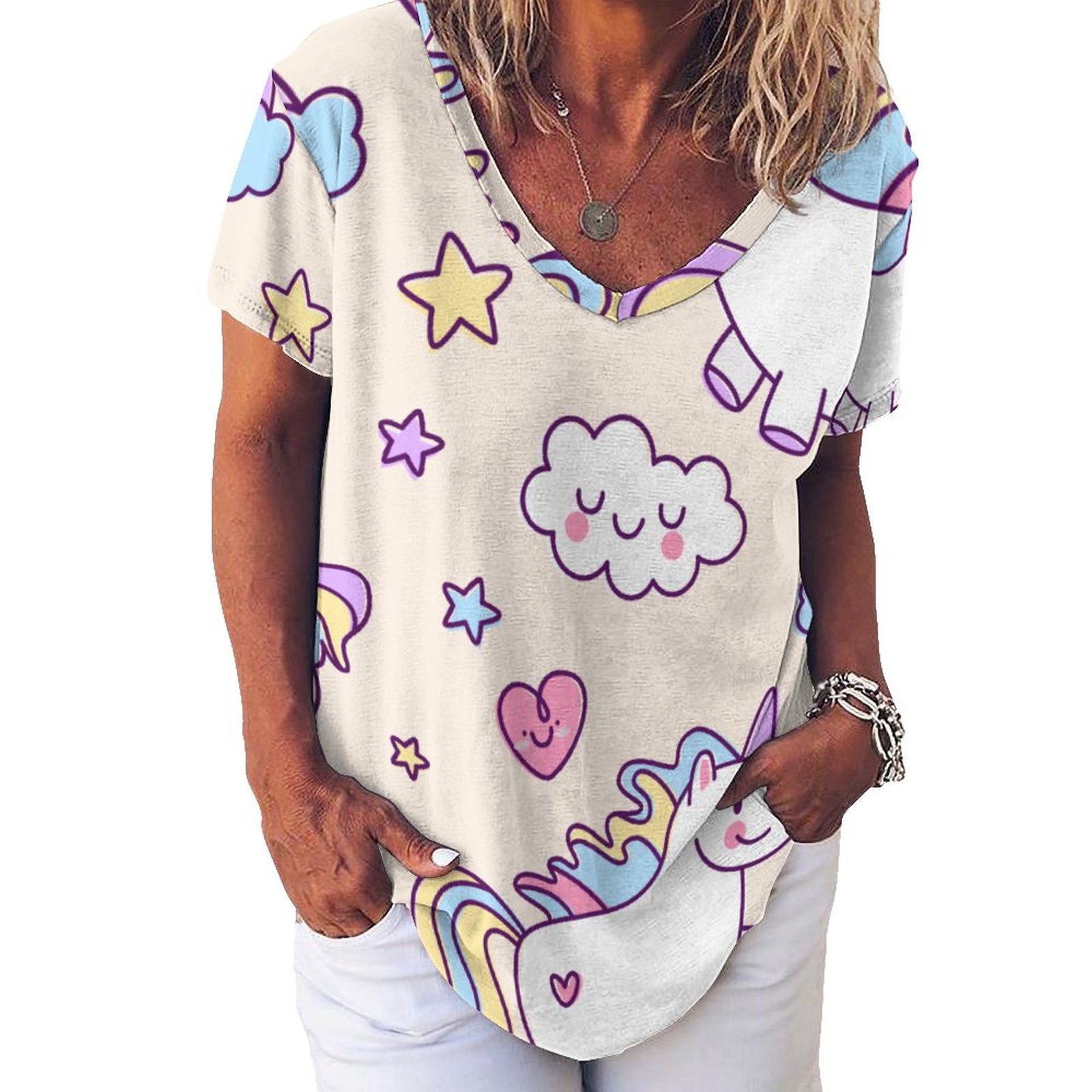 Kawaii Chubby Flying Unicorns Rainbow Womens Summer Full Print Short Sleeve Loose Hippie Tunic Tops - Personalized Unicorns T-shirt