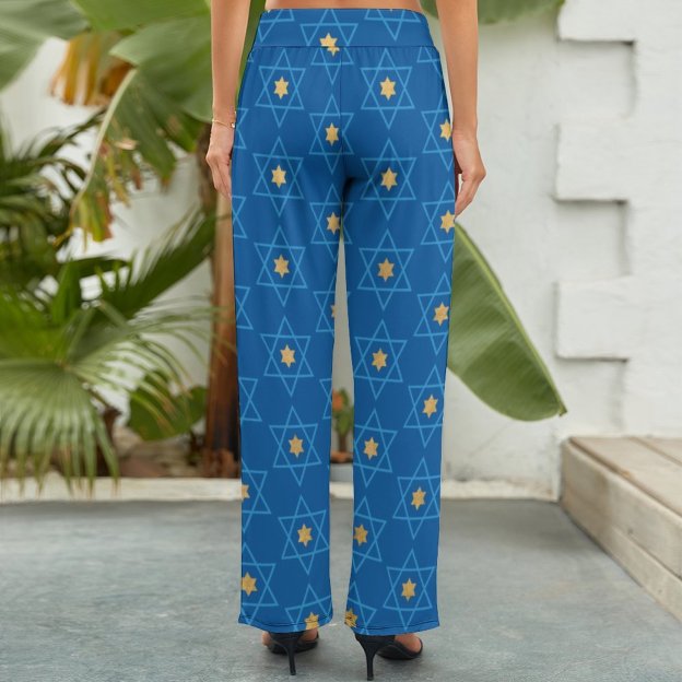 Jewish Blue And Gold Star Of David Printed Women's High Waist Wide Leg Long Palazzo Lounge Pants-Charlylifestyle