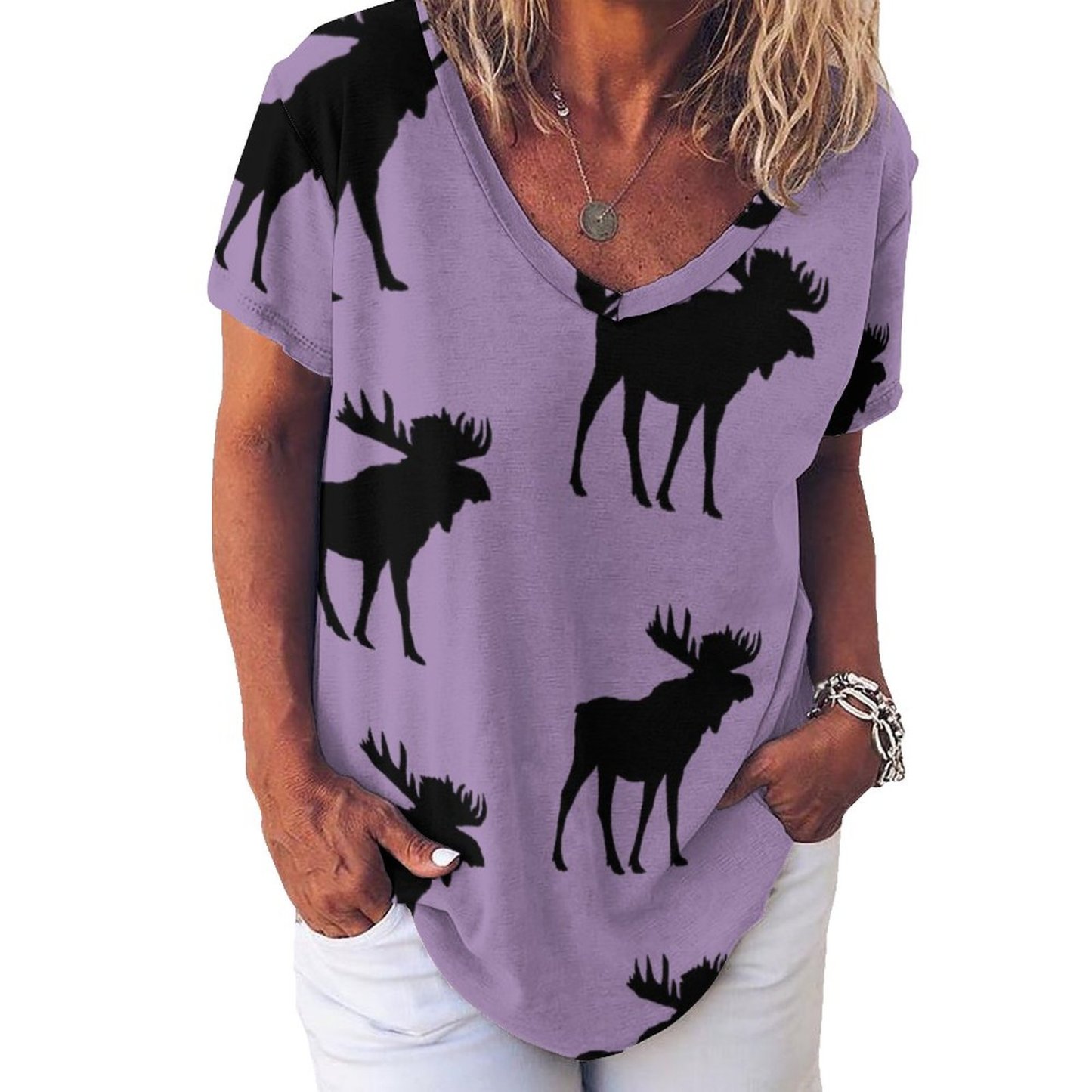 S-4XL Funny Vintage Moose Silhouette Womens Summer Casual T Shirts Boho Full Print Short Sleeve Loose Hippie Tunic Tops-Charlylifestyle