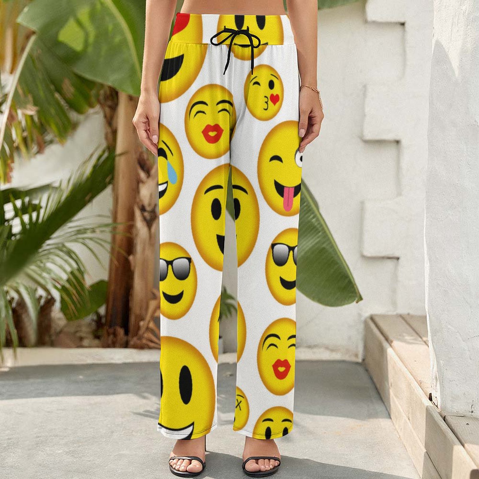 Funny Vintage Mixed Emoji Printed Women Casual Elastic Waist Wide Leg Pants Trousers-Charlylifestyle