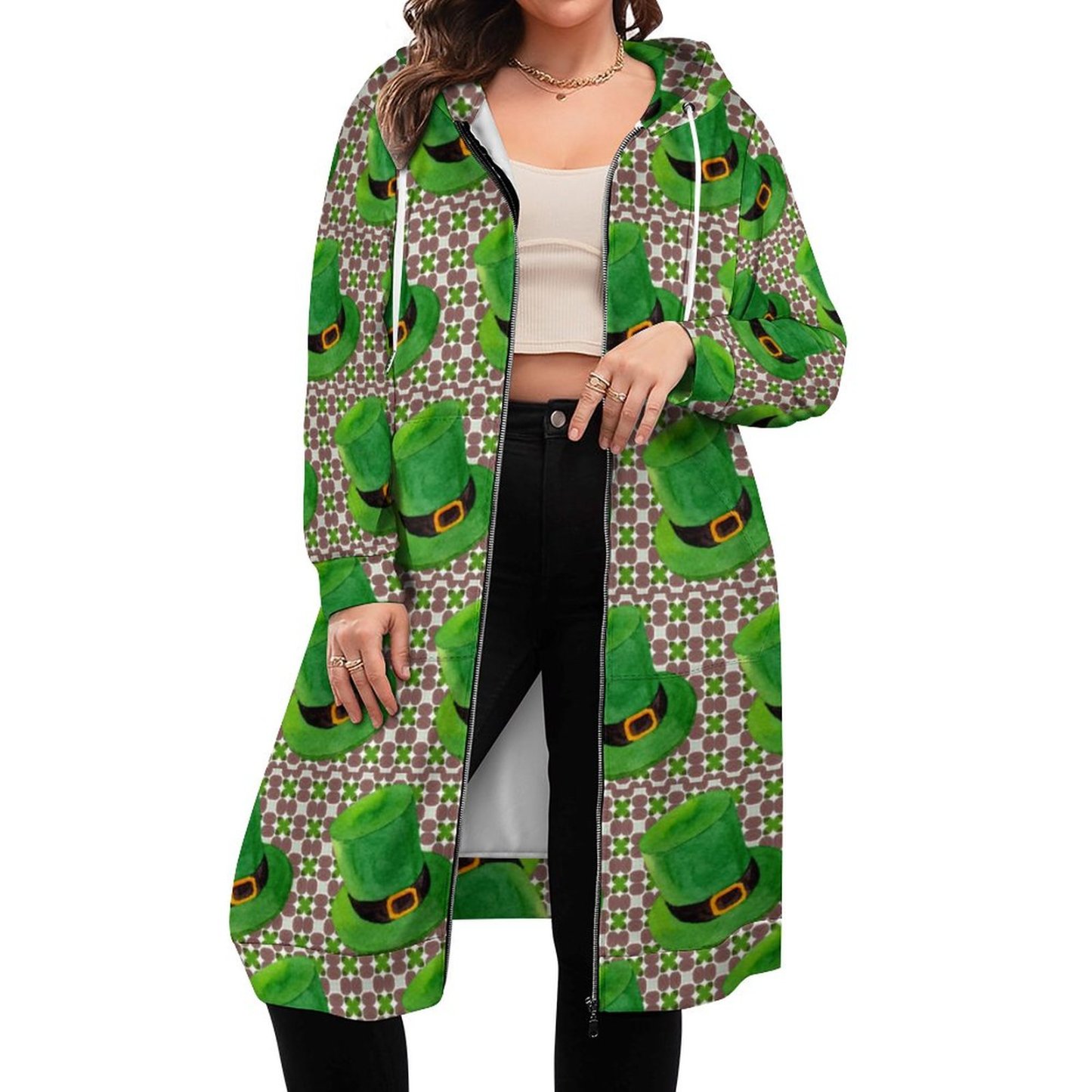 Leprechaun Hat St Patricks Day Irish Green Zip Up Long Hoodie Jacket Women Tunic Sweatshirt Plus Size Open Front Cardigan Outfits