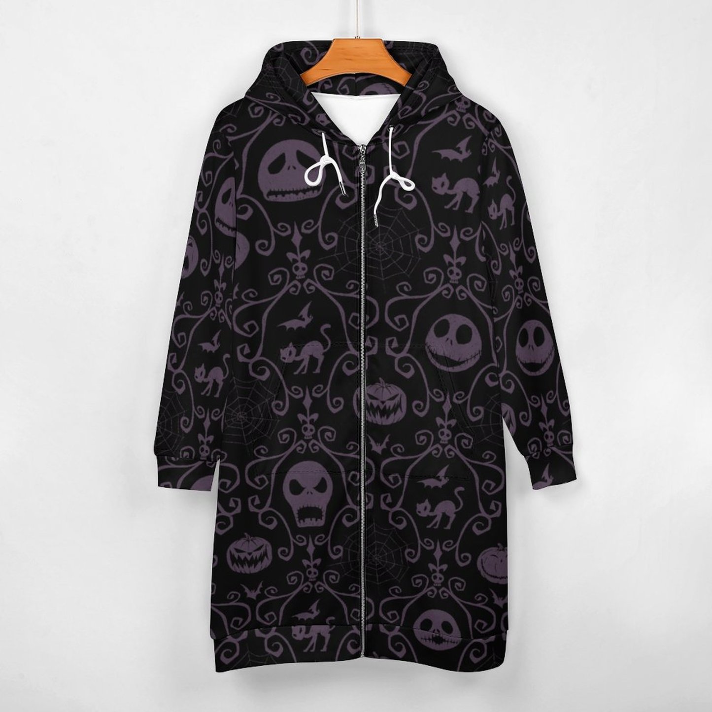 Jack Skellington Halloween Filigree Zip Up Long Hoodie Jacket Women Tunic Sweatshirt Plus Size Open Front Cardigan Outfits