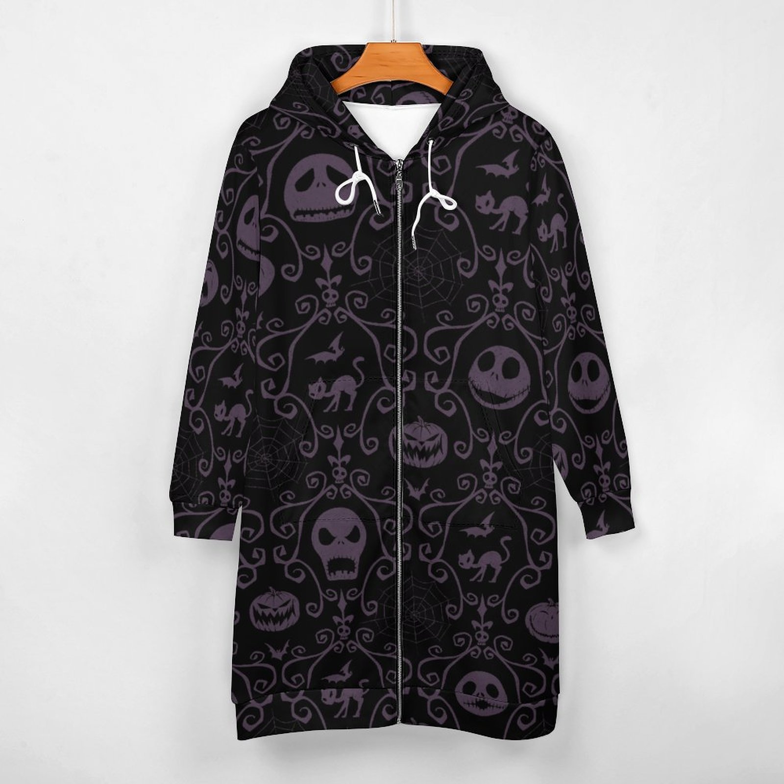 Jack Skellington Halloween Filigree Zip Up Long Hoodie Jacket Women Tunic Sweatshirt Plus Size Open Front Cardigan Outfits