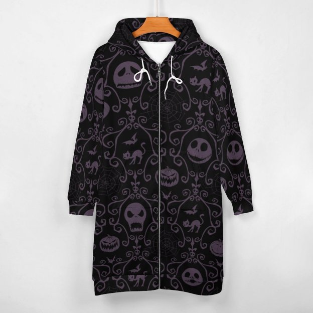 Jack Skellington Halloween Filigree Zip Up Long Hoodie Jacket Women Tunic Sweatshirt Plus Size Open Front Cardigan Outfits