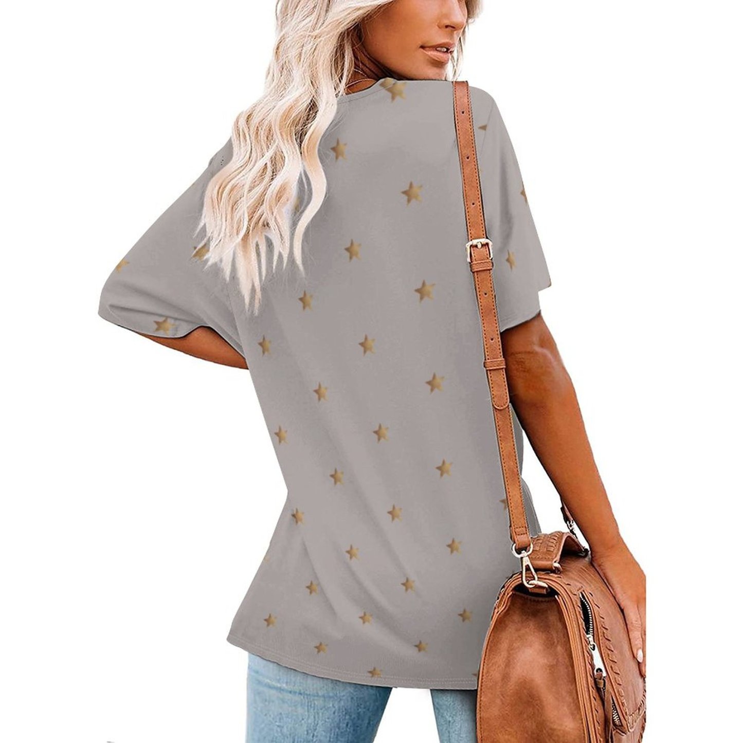 S-4XL Minimal Gold Stars Women T Shirts Basic V-Neck Tee Loose Vintage Fitting Oversize Short Sleeve Tops-Charlylifestyle