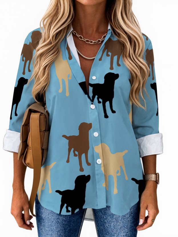 Labrador Retriever Dog Silhouette Button Down V Neck Shirts Long Sleeve Blouse Roll Up Cuffed Sleeve Casual Shirt Tops