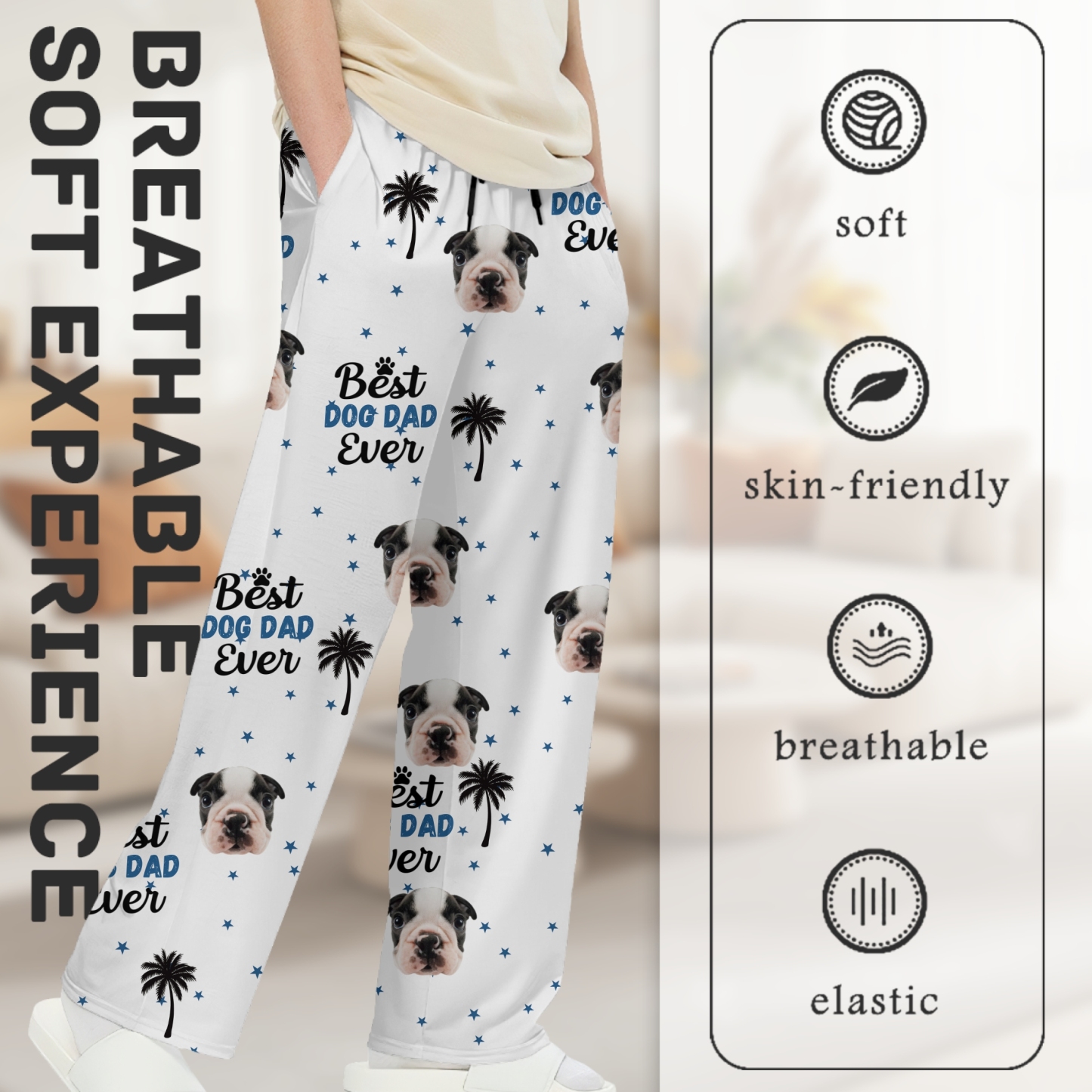 [Copy]Light Blue And White Gingham Printed Women Casual Elastic Waist Wide Leg Pants Trousers
