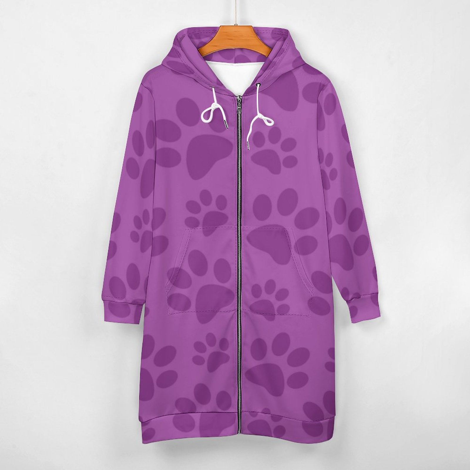 Lilac Purple Dog Paw Print Zip Up Long Hoodie Jacket Coat Women Tunic Sweatshirt Loose Plus Size Open Front Cardigan Outfits