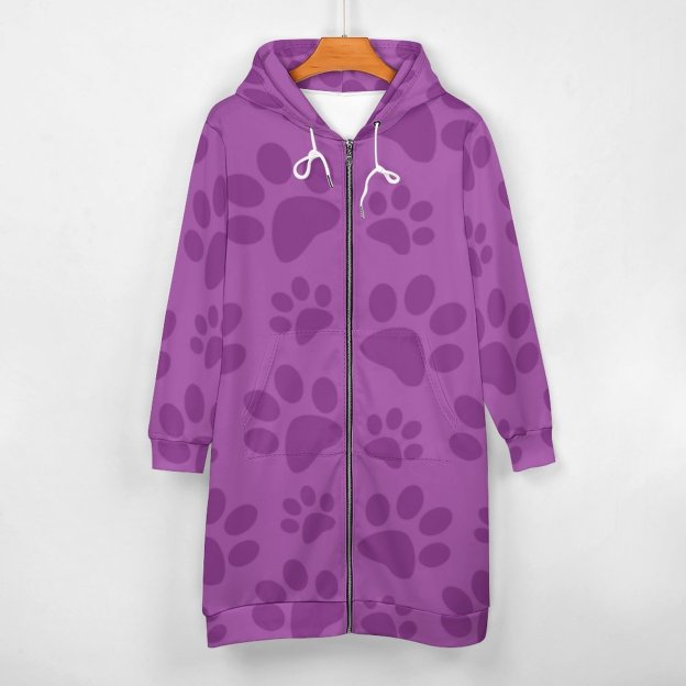 Lilac Purple Dog Paw Print Zip Up Long Hoodie Jacket Coat Women Tunic Sweatshirt Loose Plus Size Open Front Cardigan Outfits