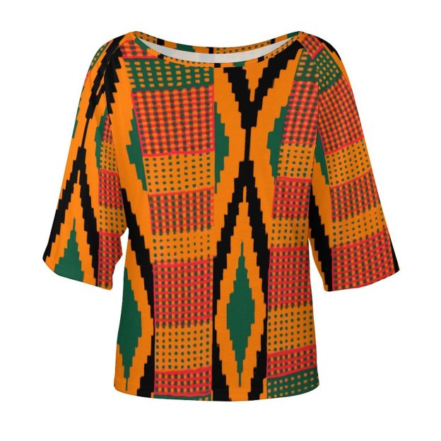 S-5XL Funny Vintage Kente 3/4 Bell Sleeve T-Shirt Elbow Length Basic Tunics Tops for Women-Charlylifestyle