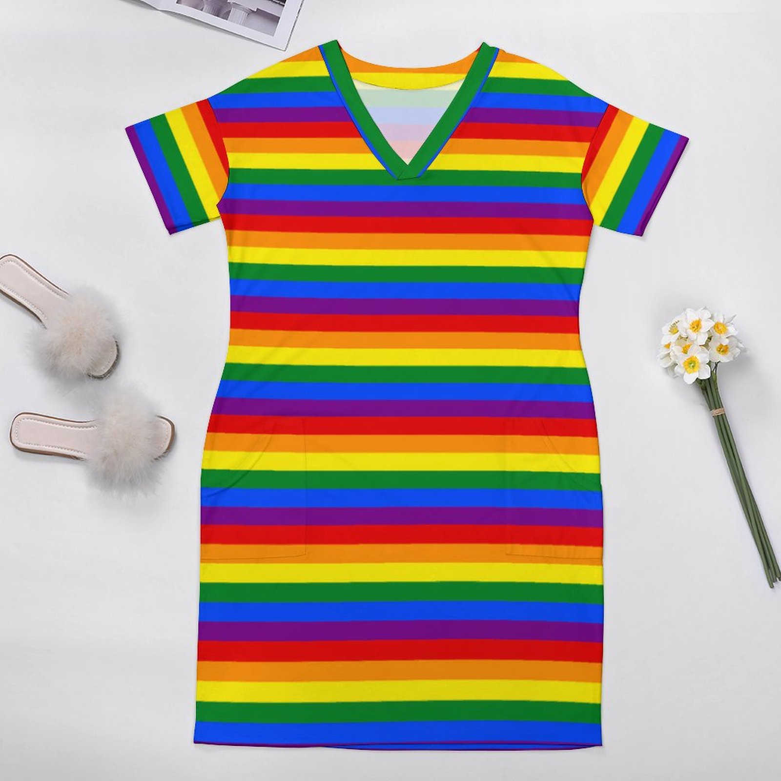 Lgbt Gay Pride Rainbow Flag Colors Stripes Beach Boho Knee Length Tunic Dress Women Plus Size V Neck Midi Dress With Pockets