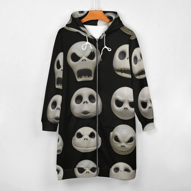 Many Faces Of Jack Skellington Zip Up Long Hoodie Jacket Coat Women Tunic Sweatshirt Plus Size Open Front Cardigan Outfits