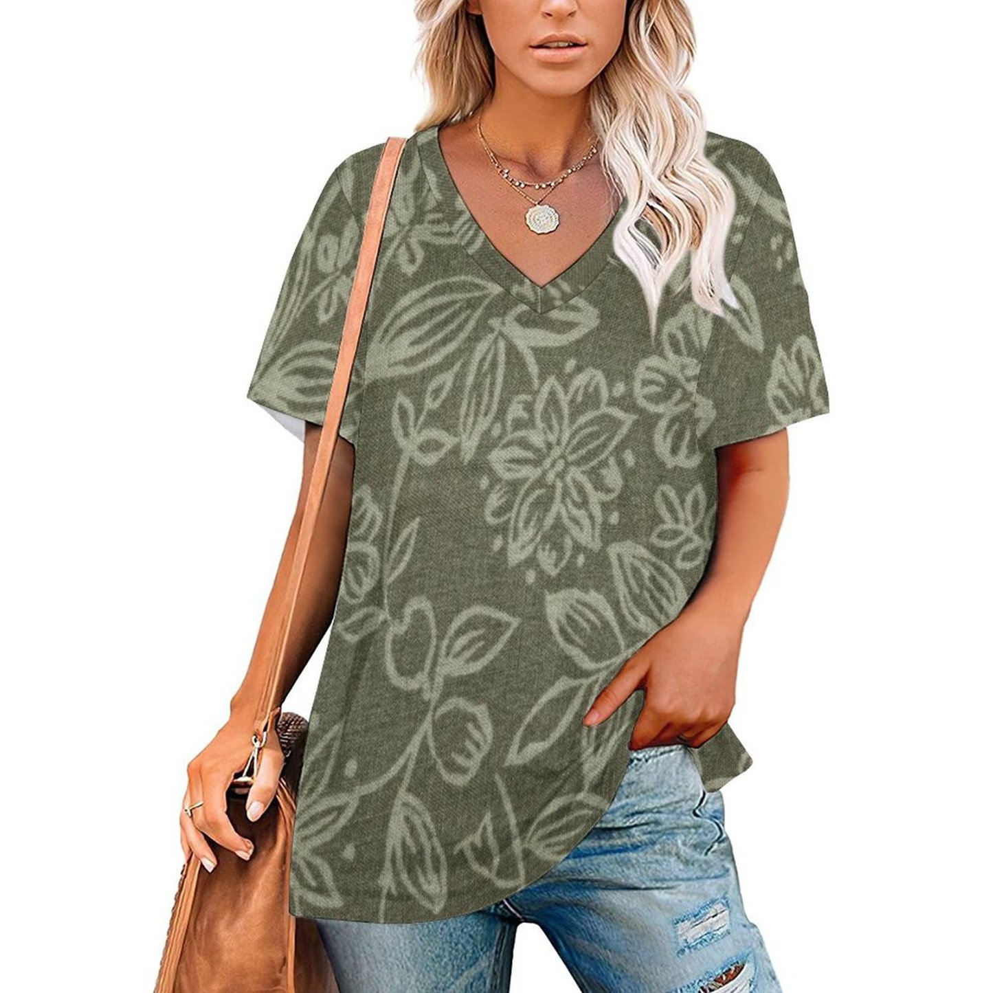 Olive Green Fabric With Foral Womens Summer Casual T Shirts Boho Full Print Short Sleeve Loose Hippie Tunic Tops-Charlylifestyle