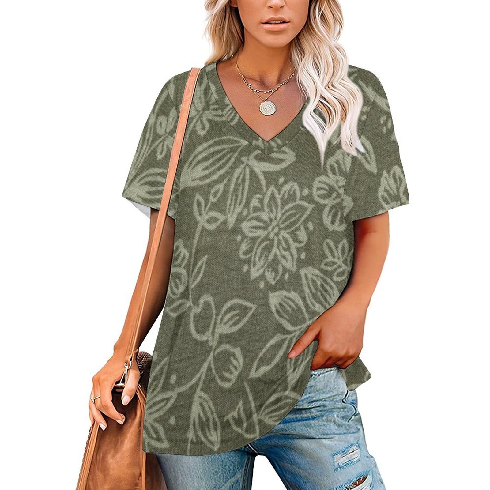 Olive Green Fabric With Foral Womens Summer Casual T Shirts Boho Full Print Short Sleeve Loose Hippie Tunic Tops-Charlylifestyle
