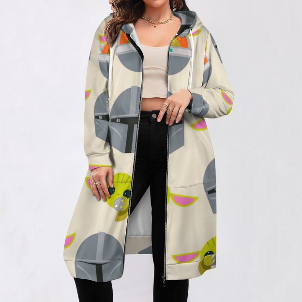 Mandalorian And The Child Cute Expression Zip Up Long Hoodie Jacket Women Tunic Sweatshirt Plus Size Open Front Cardigan Outfits