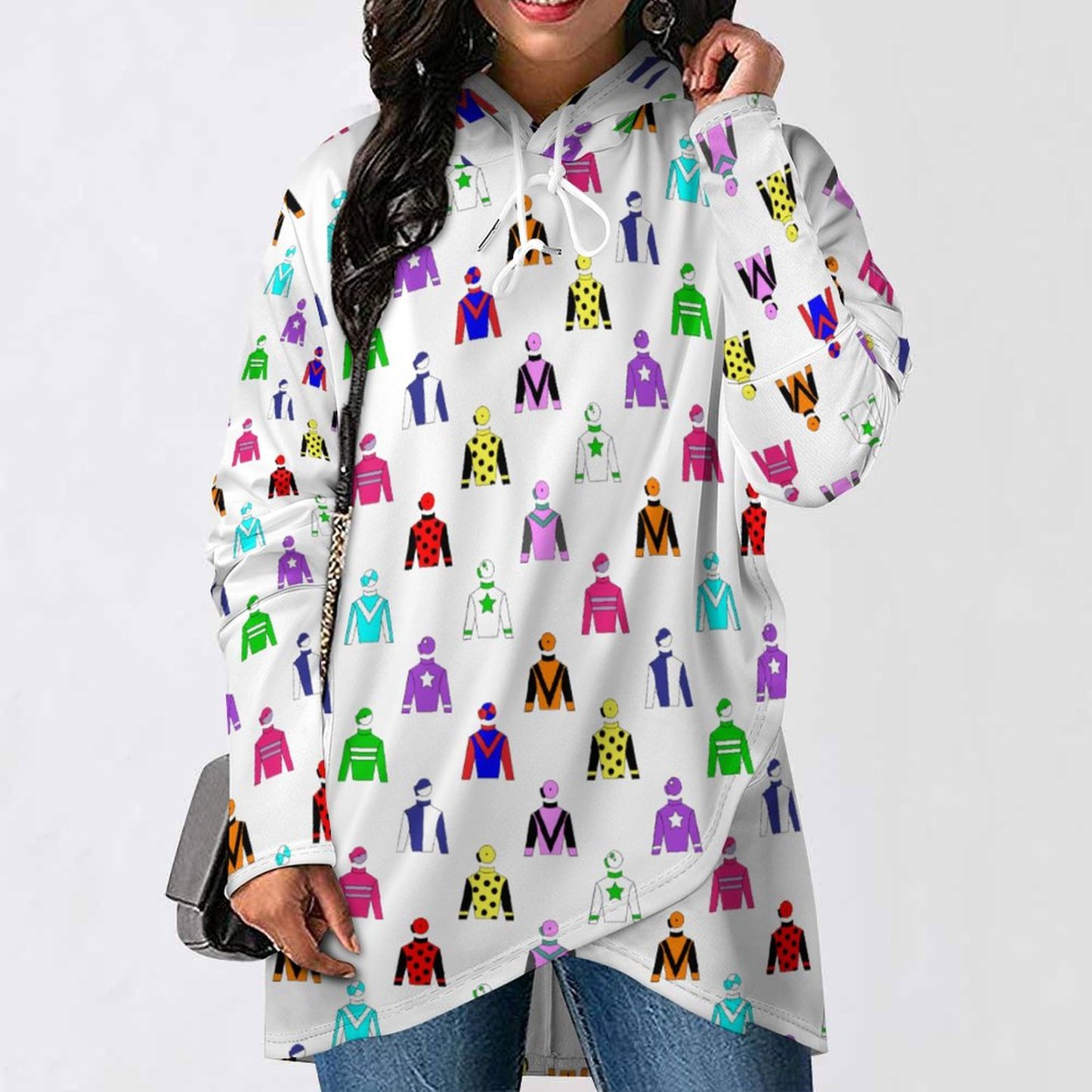 Jockey Silks Horse Rider Women Long Sleeve Pullover Irregular Hem Hoodies Casual Tunic Asymmetric Hooded Sweatshirt