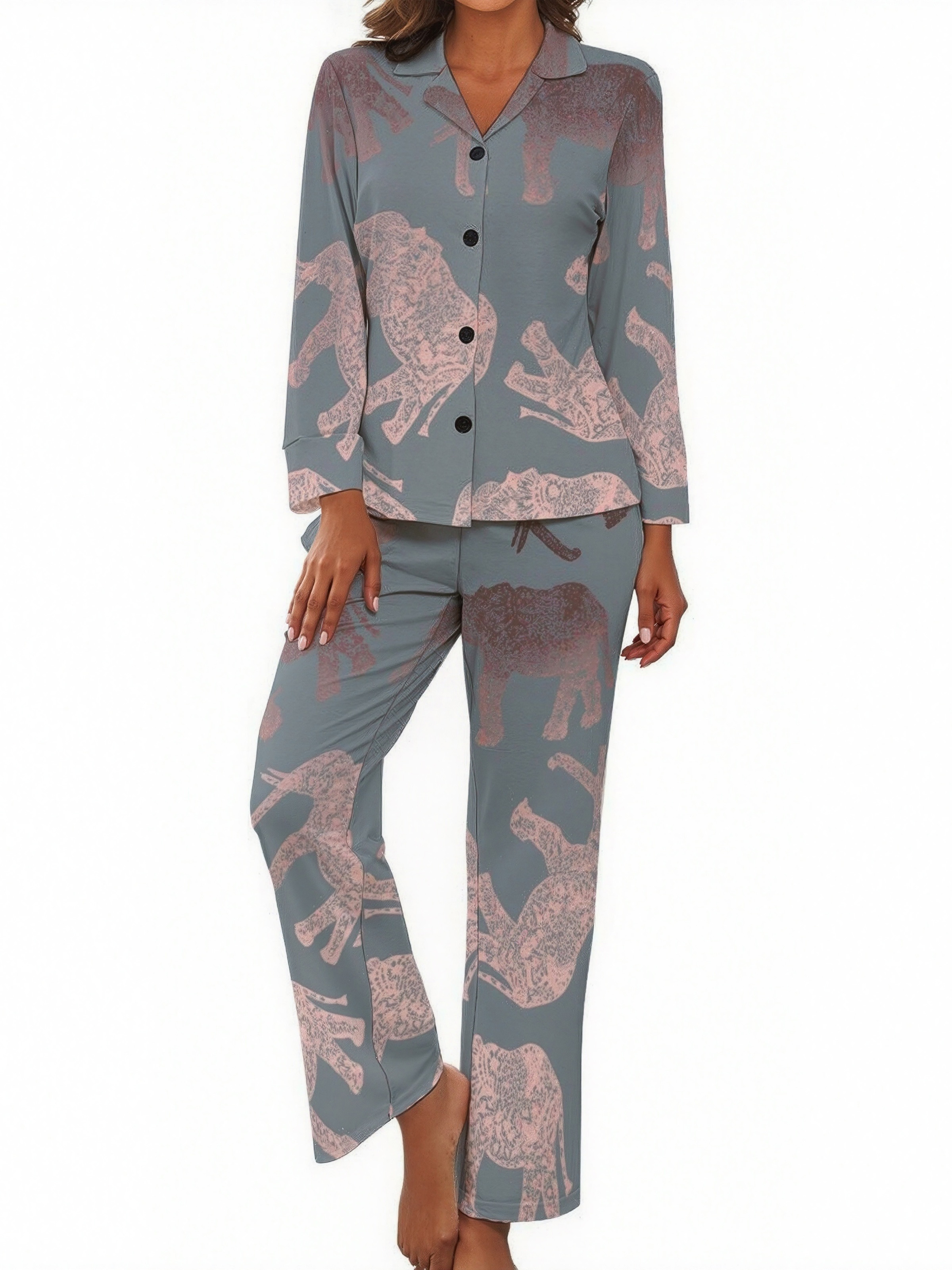 Modern Rose Gold Grey Elephant Women Long Sleeve 2 Piece Sleepwear Casual Button Down Loungewear Pjs Set Nightwear