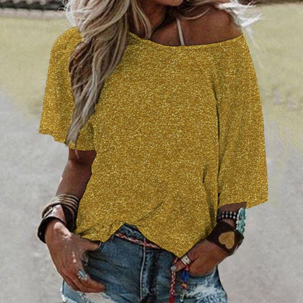 Metallic Gold Glitter Image O Neck Batwing Half Sleeve Shirts Women Loose Blouse Print Tops-Charlylifestyle