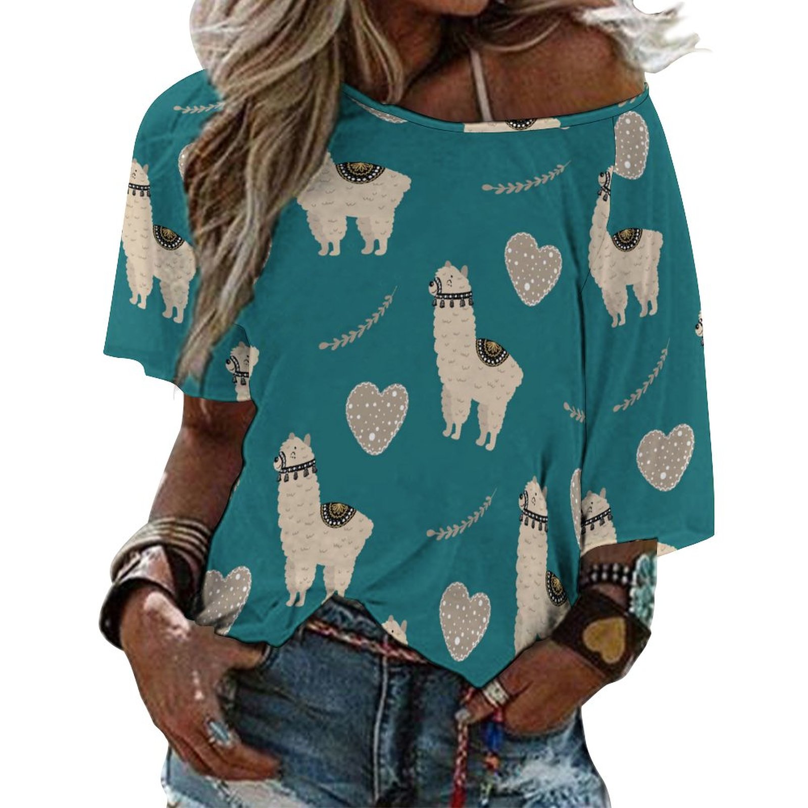 Funny Vintage Llama Heart Love 3/4 Bell Sleeve T-Shirt Elbow Length Basic Tunics Tops for Women-Charlylifestyle