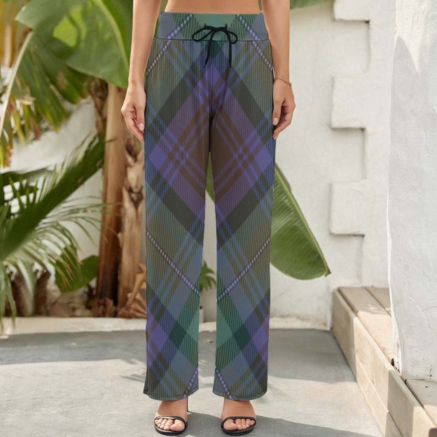 Summer Fall Isle Of Skye Tartan Plaid Argyle Green Women's High Waist Wide Leg Long Palazzo Lounge Pants-Charlylifestyle